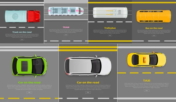 Camion sur la route. Le tramway. Trolleybus. Bus. Voiture. Taxi — Image vectorielle