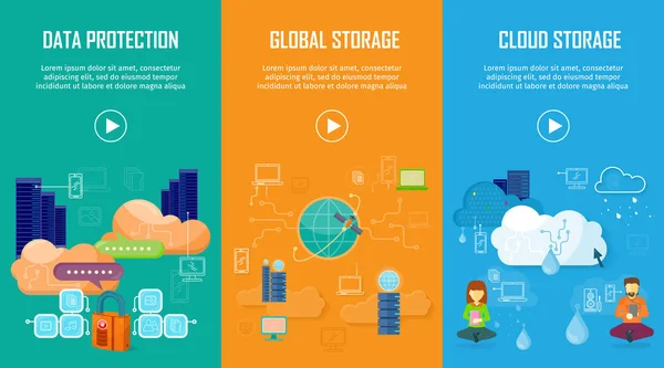 Pelindung Data Banners Penyimpanan Global dan Cloud - Stok Vektor