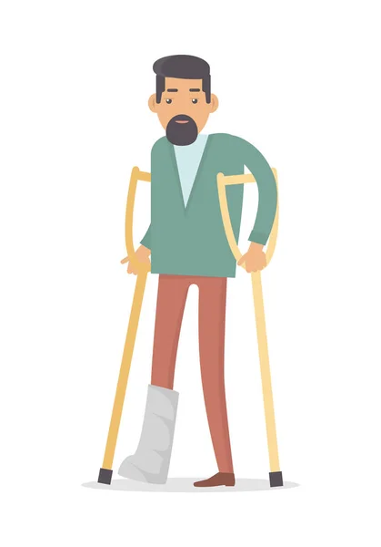 Homebody sur béquilles avec jambe cassée isolé — Image vectorielle