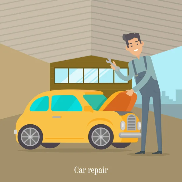 Hombre reparación de coche. Ilustración de servicio de coche en estilo plano — Vector de stock