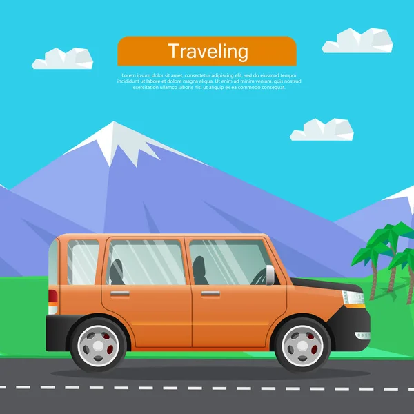Travelling by Car. Auto on Road near Mountains. — Stock Vector