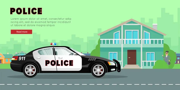 Police Car on the Street near Bank with Robber. — Stock Vector