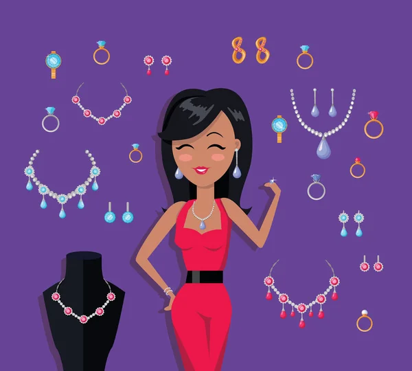 Mooie vrouw met sieraden collectie — Stockvector