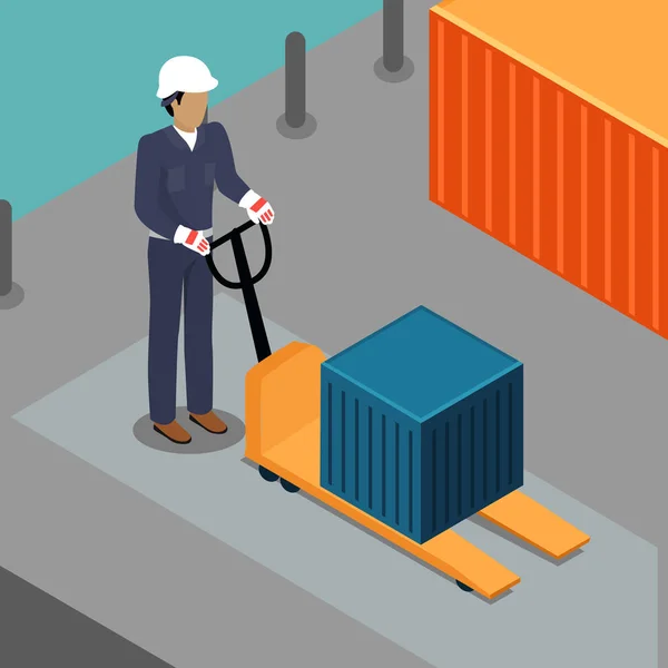Lagerarbetare med Container på gaffeltruck — Stock vektor