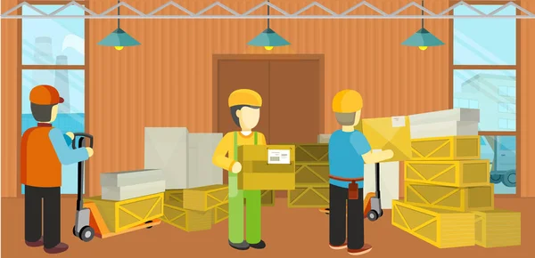 Proceso de entrega de equipos de almacén. Descarga — Vector de stock