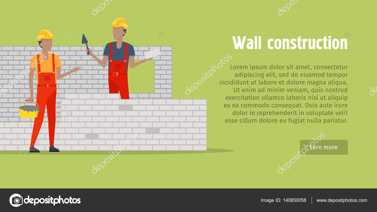 Vægkonstruktion. To mænd bygger muren. Stockvektor af ©robuart 140650058, image size:1600x900