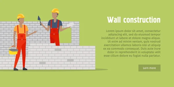 Construcción mural. Dos hombres construyen la pared — Vector de stock