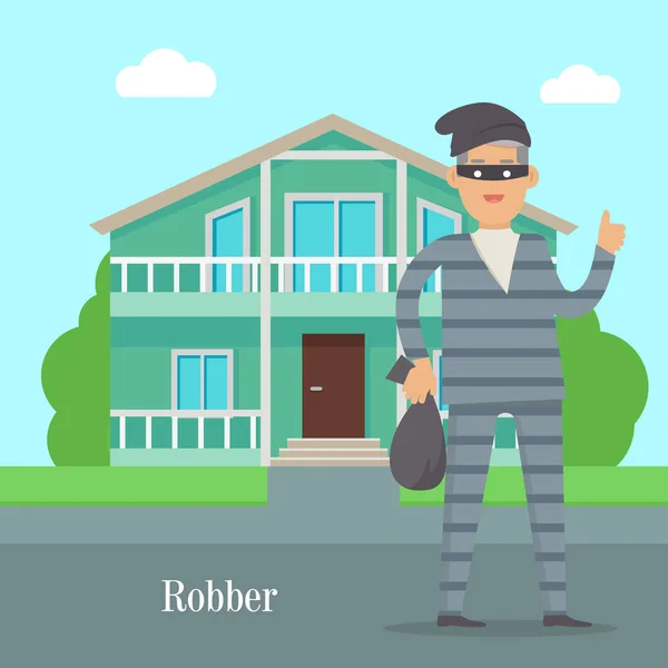 Ladrón cerca de Cottage House. Ladrón con bolsa de dinero — Vector de stock