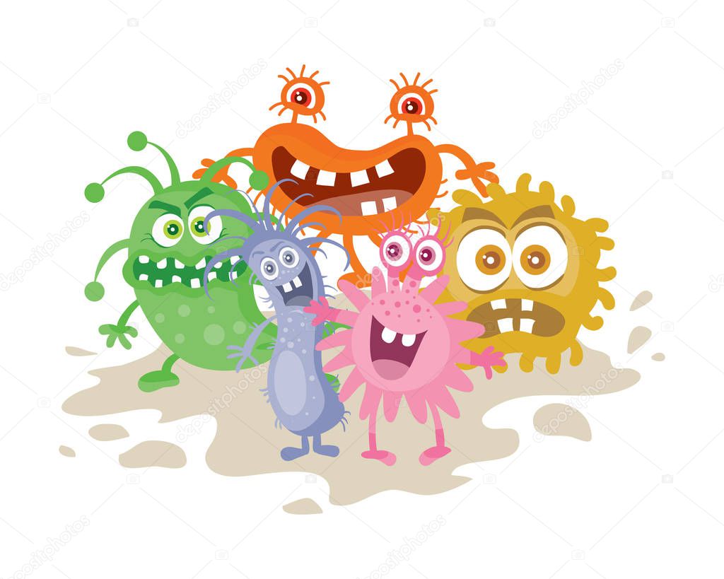 Set of Cartoon Monsters. Funny Smiling Germs.