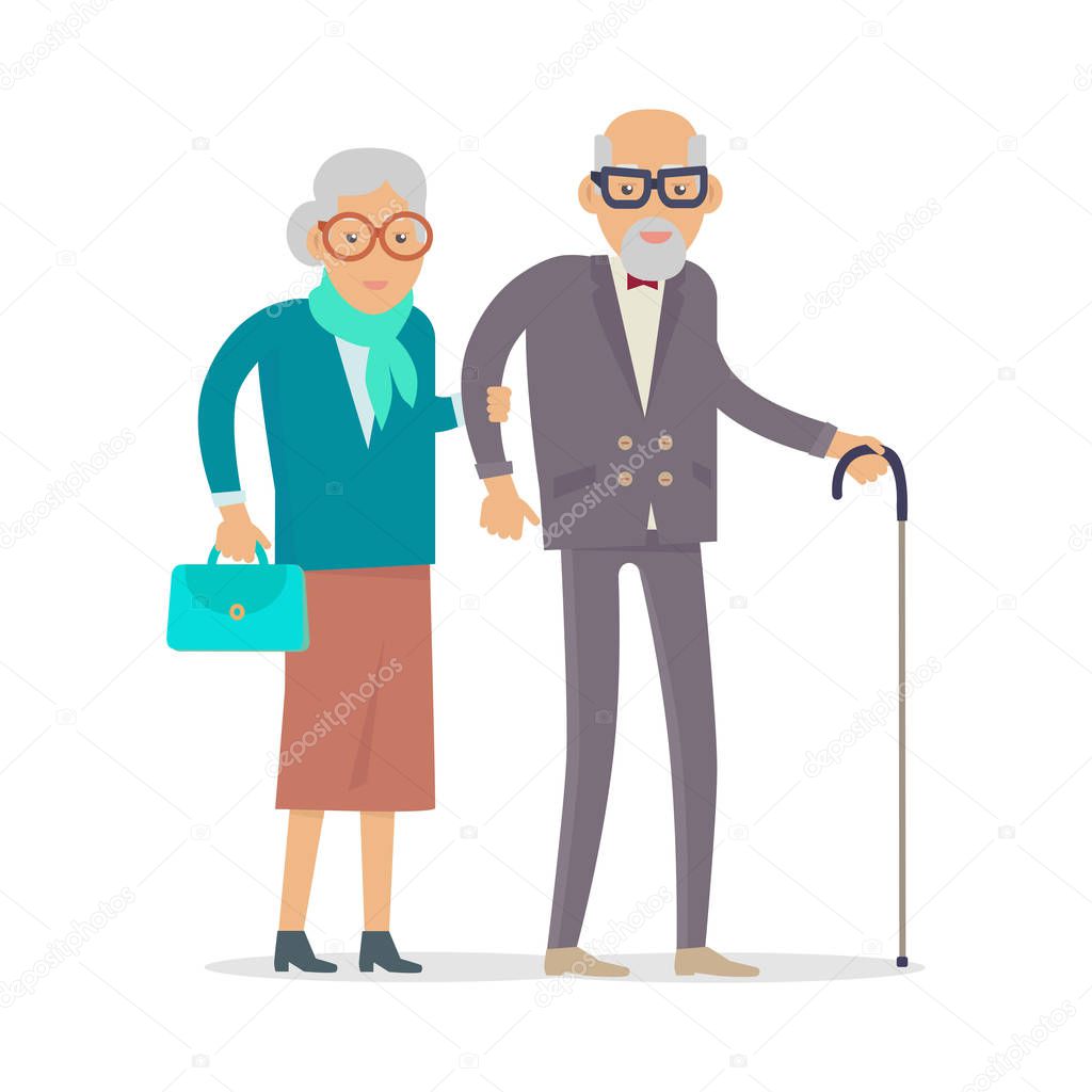 Aged People Walk Isolated. Happy Senior Man Woman
