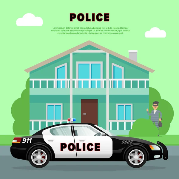Police Car on the Street near Bank with Robber. — Stock Vector