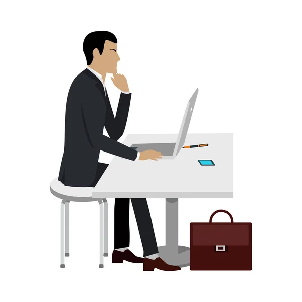 Business Education. Man Works at Computer Laptop. — Stock Vector