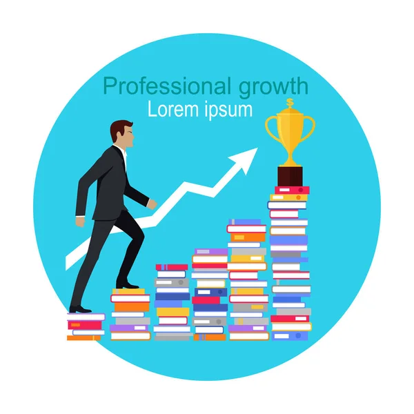 Male Young Businessman Going Upstairs on Books. — Stock Vector