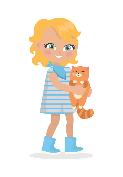 Menina segura pequeno gato em mãos isoladas em branco —  Vetores de Stock