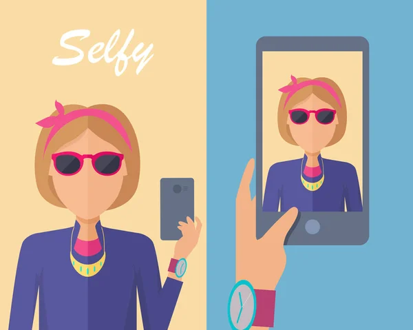 Selfy no Smartphone. Jovem mulher tomando auto retrato — Vetor de Stock