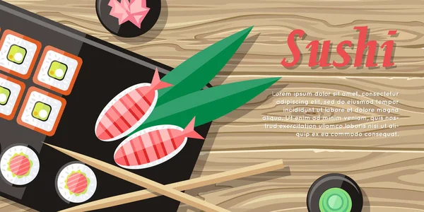 Japanese Food Illustration web Banner. Japan Sushi — Stock Vector