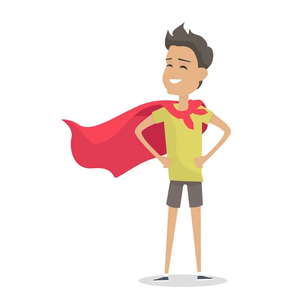 Joven en Superman Pose con una capa roja . — Vector de stock