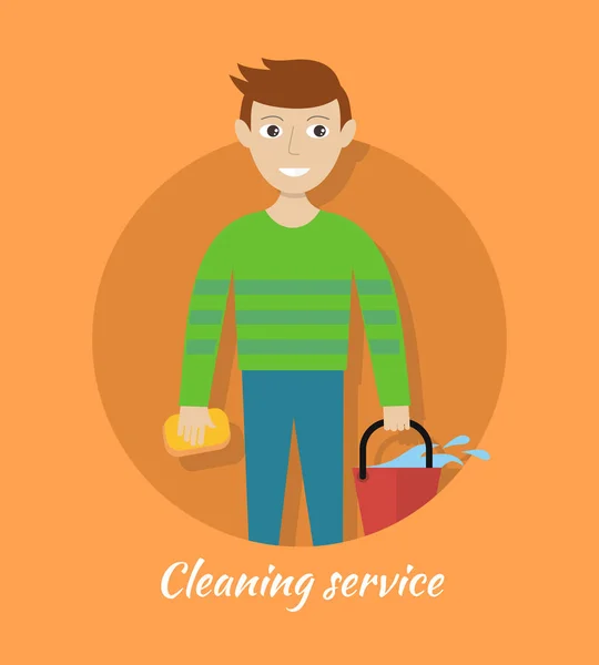 Member of Cleaning Service with Bucket and Sponge. — Stock Vector