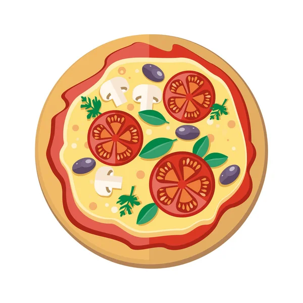西红柿、 橄榄、 蘑菇和草药的比萨饼 — 图库矢量图片