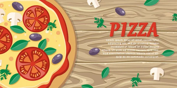 Pizza con Tomates, Aceitunas, Setas y Hierbas — Vector de stock