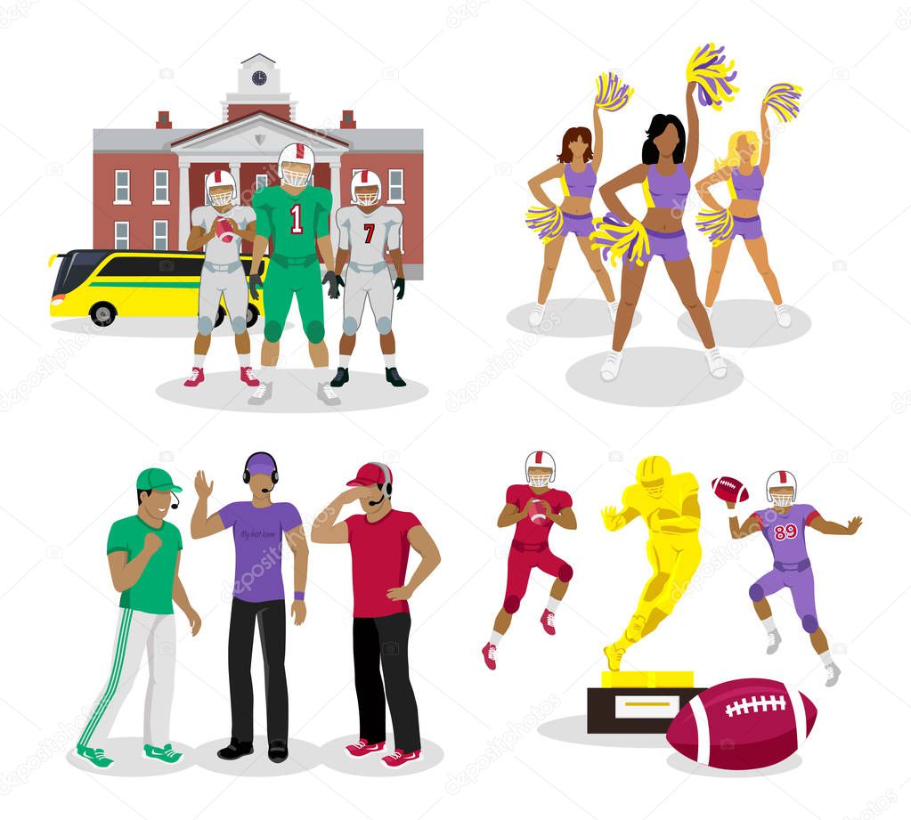 American football. High school games. Cheerleading. Gold reward for Sport Achievement. Football referee. Team sport. Set of icons. High school building on background. Football team bus. Vector