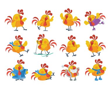 Cute Cartoon Roosters Flat Vector Icon Set clipart