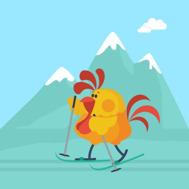 Rooster Skiing in Mountains Cartoon Flat Vector clipart