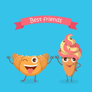 Tatlılar. En iyi dostlar. Gülümseyen kruvasan ve kek