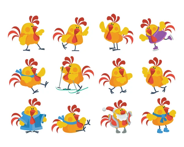 Lindos gallos de dibujos animados conjunto de iconos de vectores planos — Vector de stock