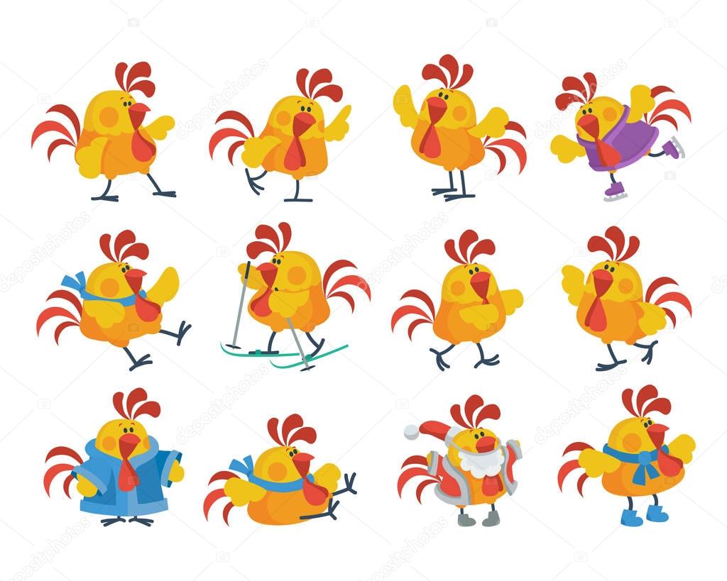 Cute Cartoon Roosters Flat Vector Icon Set