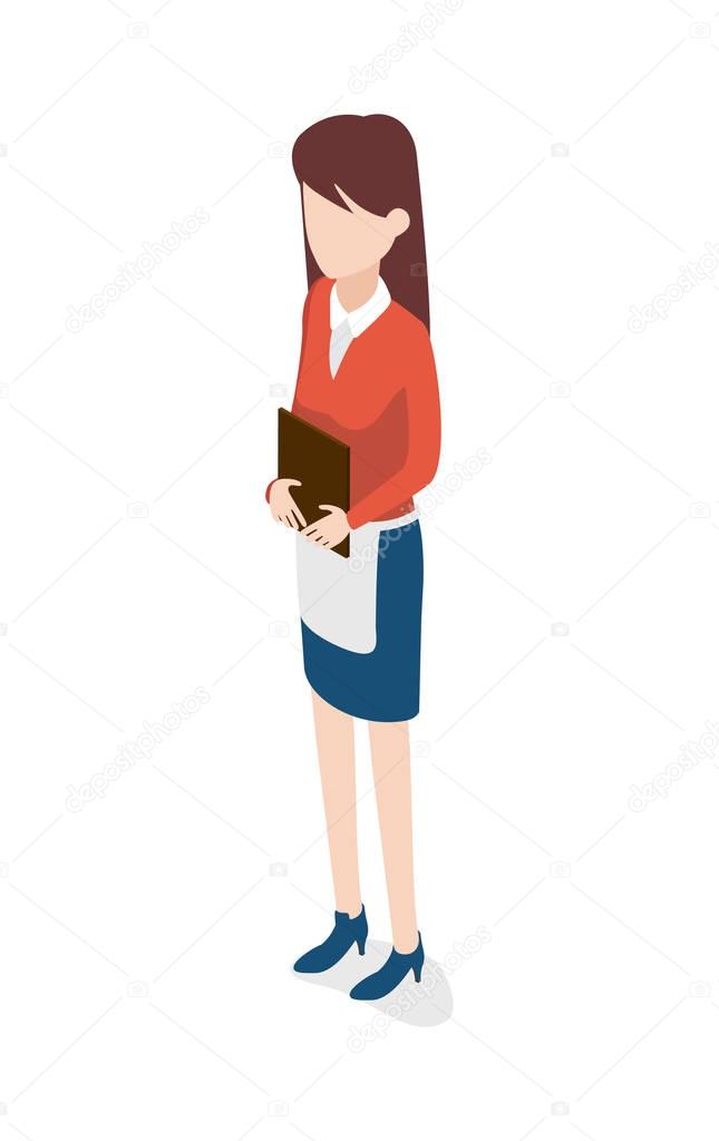 Restaurant. Young Waitress Holding Brown Notebook