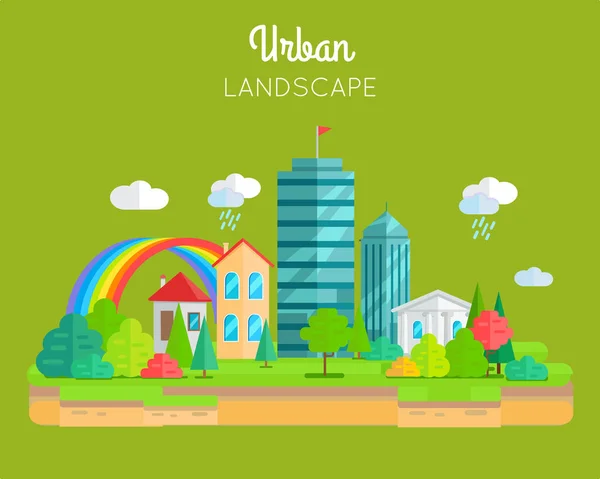 Conceito de Vetor de Paisagem Urbana em Design Plano . —  Vetores de Stock