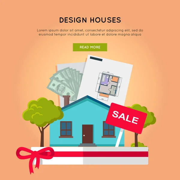 在平面设计中的设计房屋概念的 Web 横幅 — 图库矢量图片