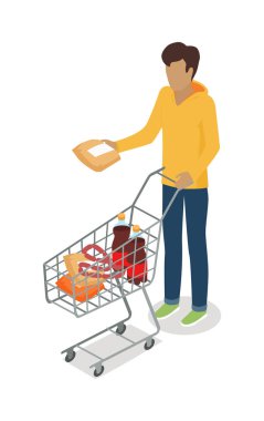 Adam arabası ile alışveriş düz tasarım. Alışveriş arabası