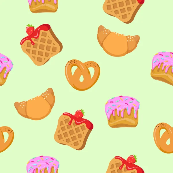 Varrat nélküli mintát croissant, ostya, Cupcakes — Stock Vector