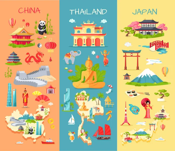 Çin. Tayland. Japonya. Asya ülkelerinin simgeler
