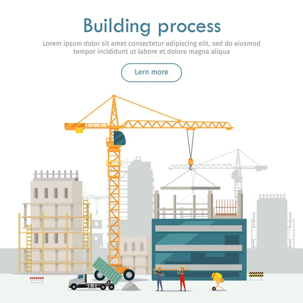 Processo de Construção. Edifício inacabado. Guindaste . —  Vetores de Stock