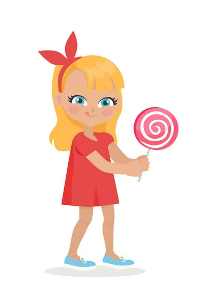 Menina com cabelos longos e arco vermelho na cabeça Chupar doces —  Vetores de Stock