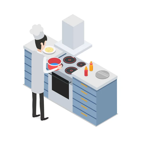 No restaurante. masculino chef tomando pote no fogão —  Vetores de Stock
