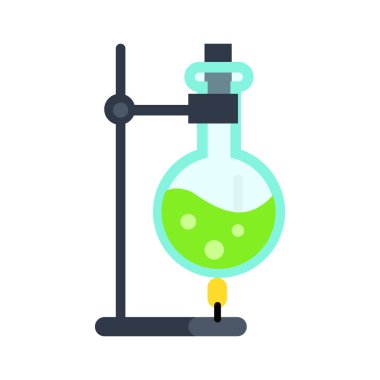 Laboratuvar şişesi üzerinde düz stil çizimde yangın