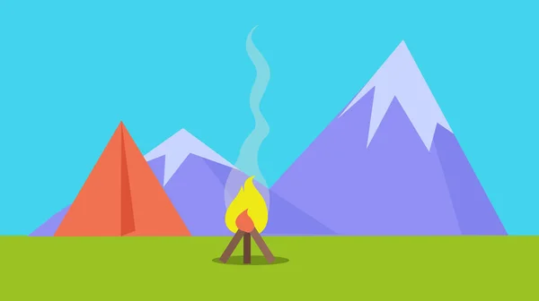 Tente de camping près du feu et des montagnes — Image vectorielle