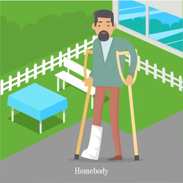 Homebody sur béquilles avec jambe cassée Marche — Image vectorielle