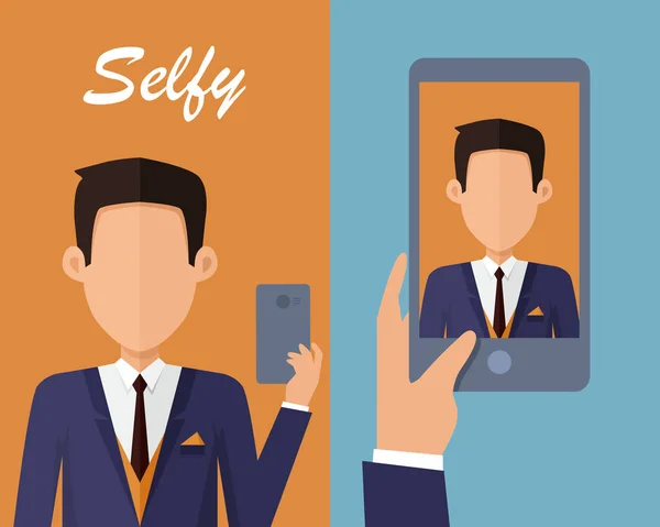 スマート フォンで selfy。セルフ ポートレートを取る若い男 — ストックベクタ