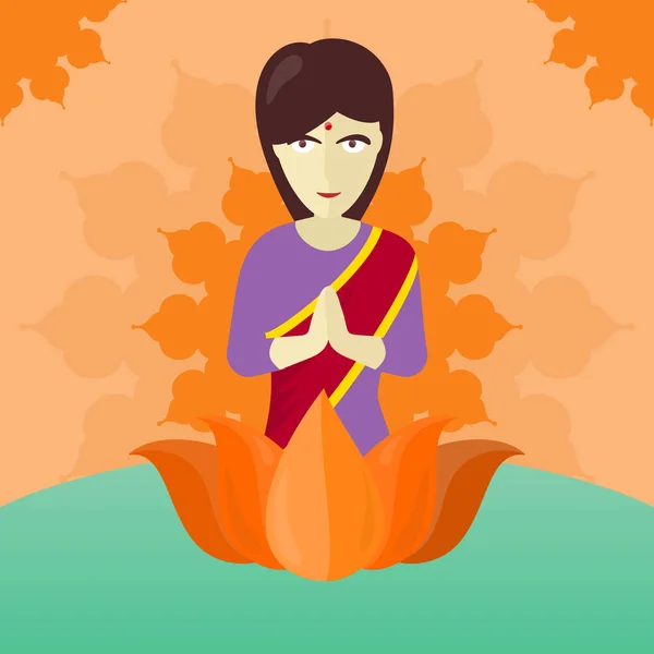 Indisk kvinna isolerade på runda utsmyckade Mandala — Stock vektor