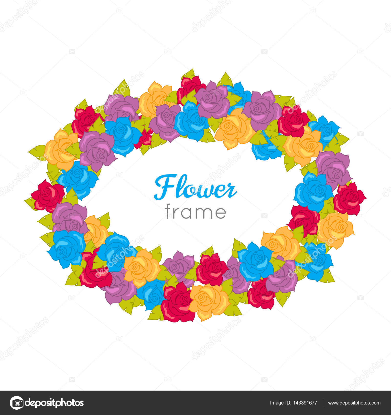 Cornice fiore Cerchio ghirlanda di fiori diversi Foglie verdi Selezione colorata di fiori su bianco Rose rosse gialle blu viola Decorazione