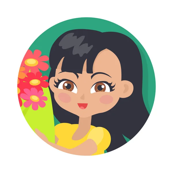 Chica sonriente con flores de colores. Pelo negro — Vector de stock