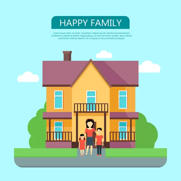 Lycklig familj på gården av deras hus — Stock vektor