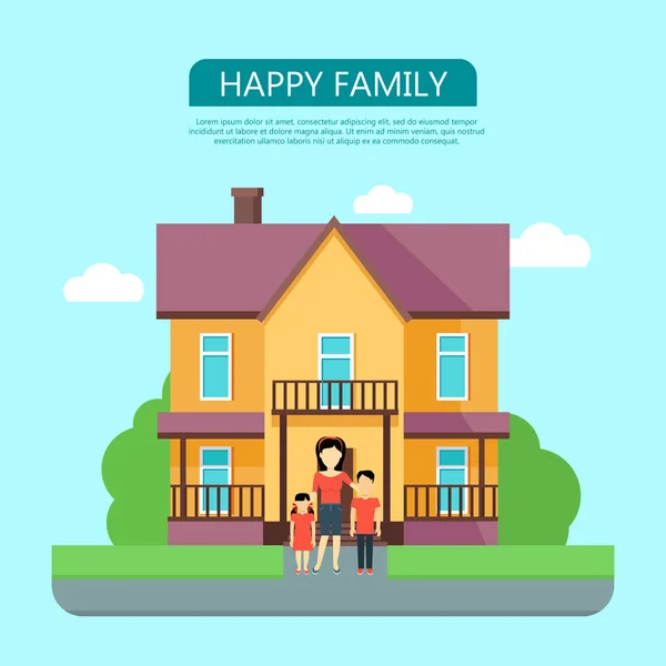 Familia feliz en el patio de su casa — Vector de stock