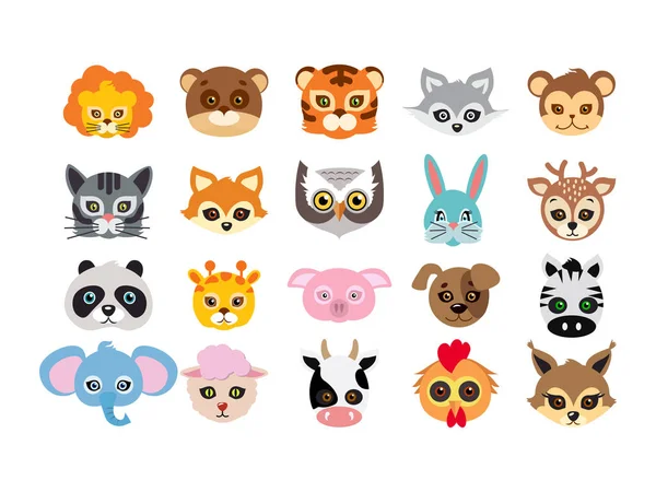 Colección de diferentes máscaras de animales en las caras — Vector de stock