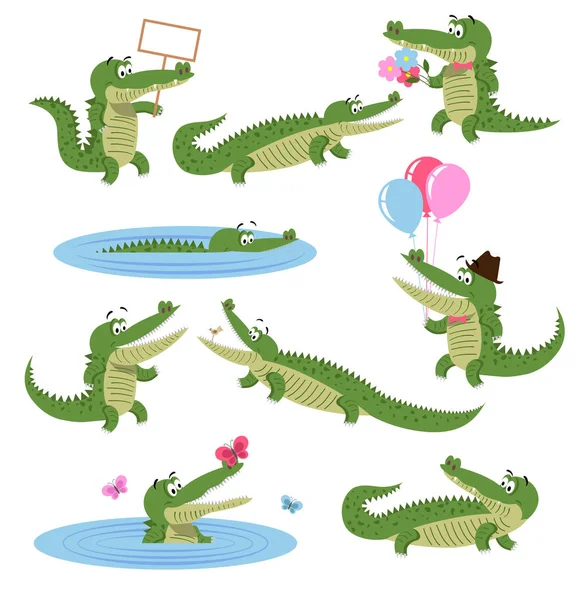 Conjunto de atividades diárias de crocodilo. Predador de desenhos animados — Vetor de Stock